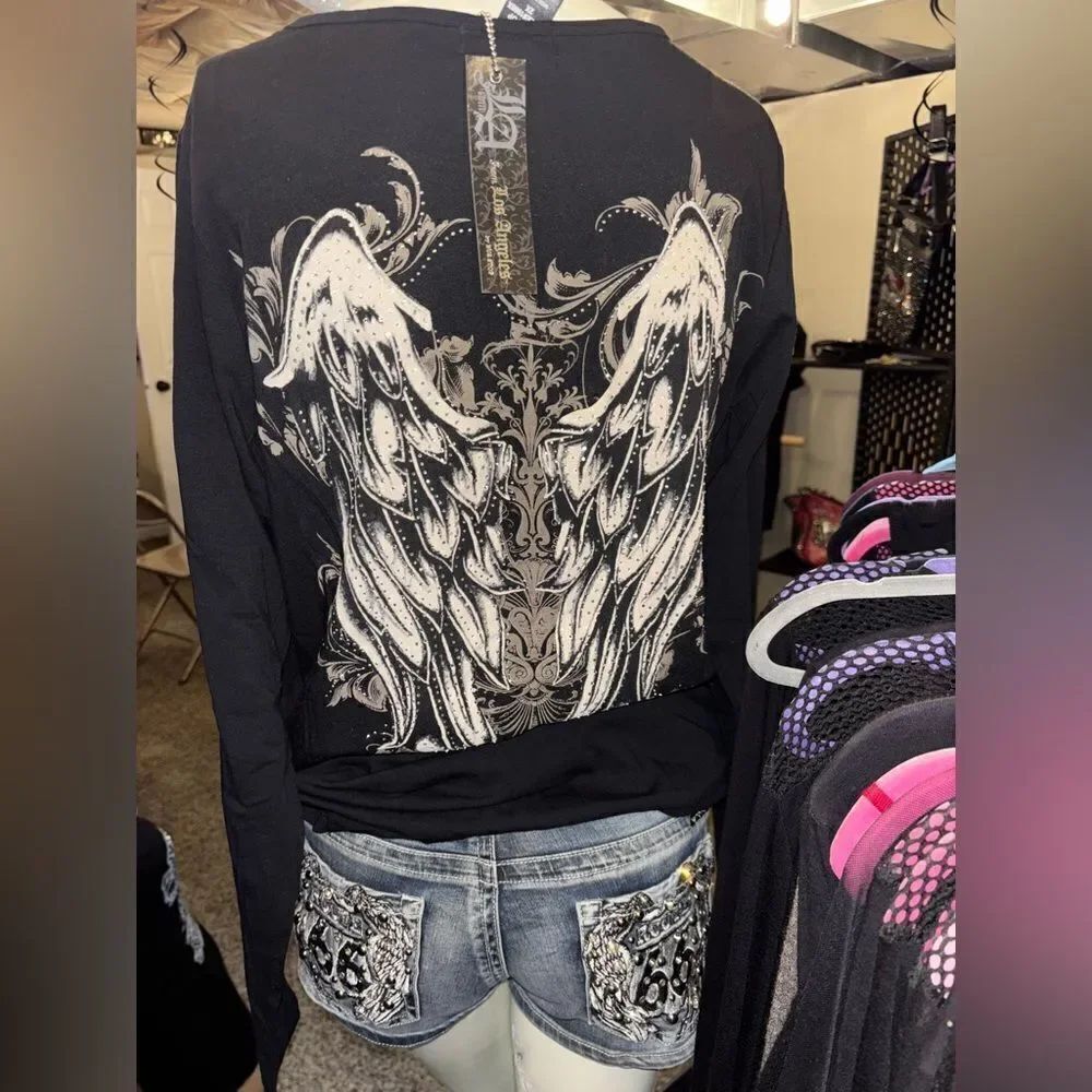 Platinum Plush Angel Wings Rhinestone Eyelet Long Sleeve Top
